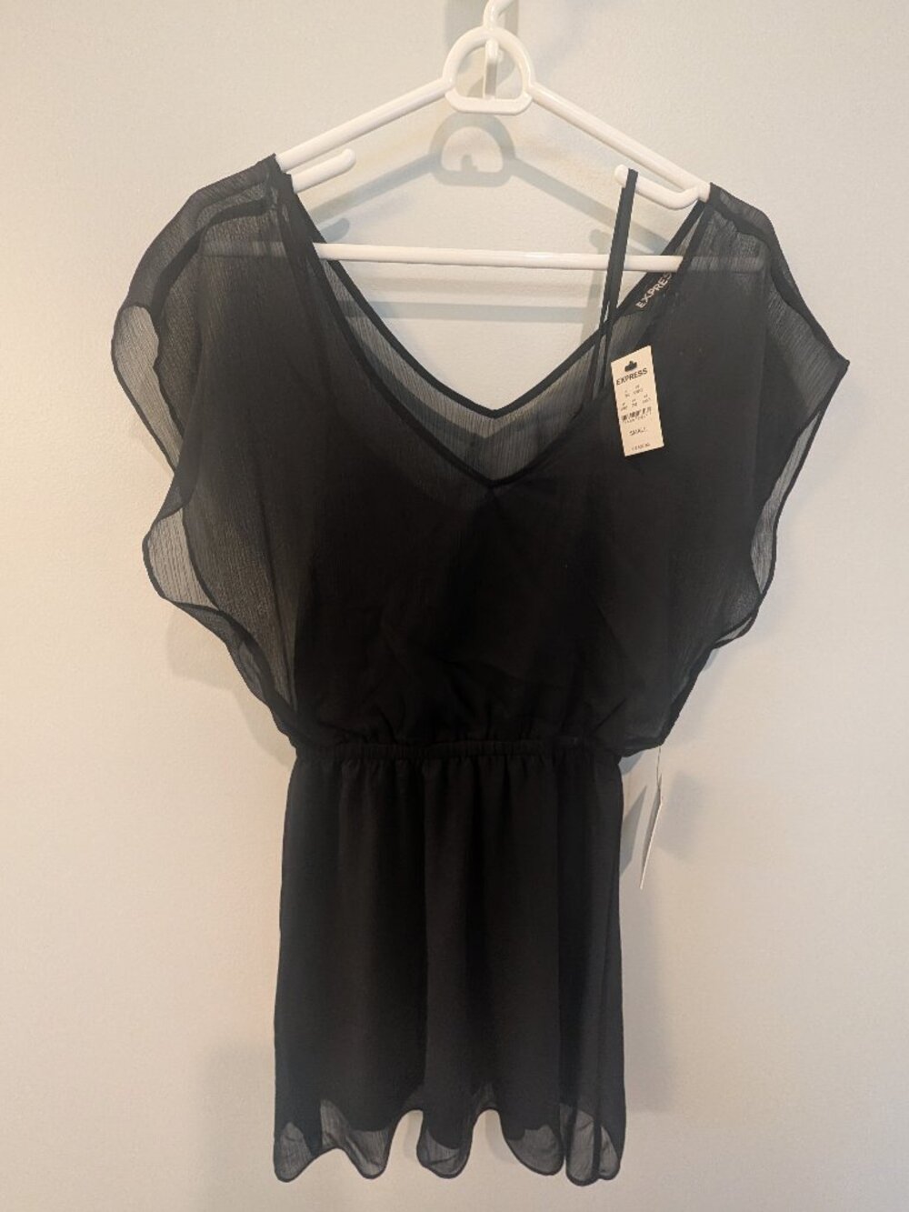 Express Black Chiffon Mini Dress Sheer Flutter Sleeve V-Neck - Small NWT
